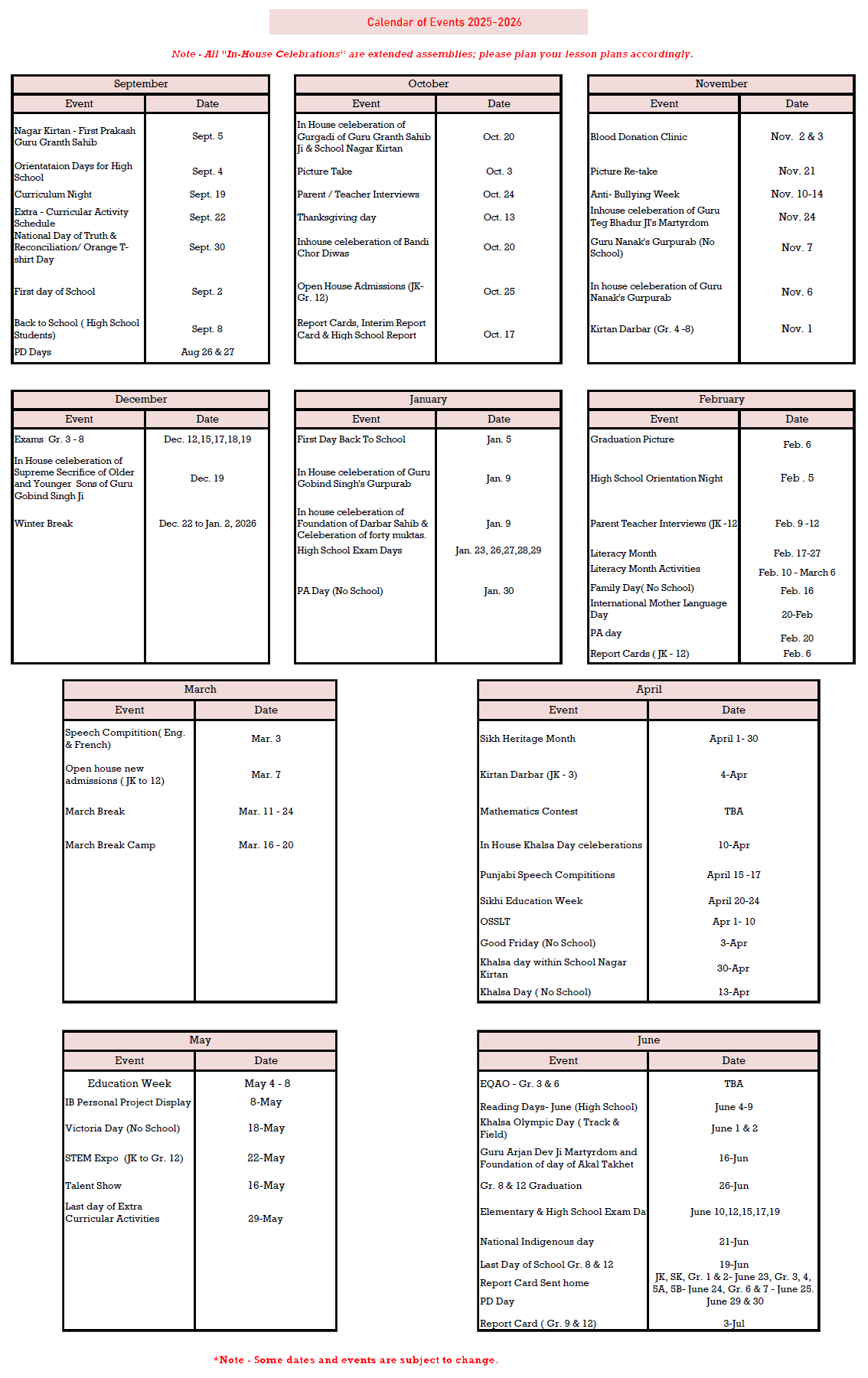 Calendar of events for the 2025 to 2026 school year, listed month by month from September to June