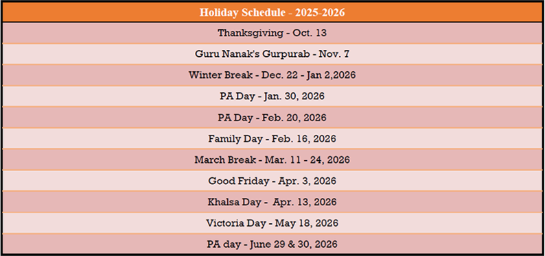 Holiday schedule for 2025 to 2026, listing eleven closures from Thanksgiving in October to the PA days in June