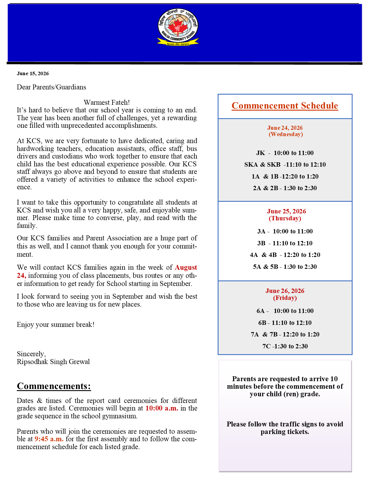 KCS newsletter, June 2026, page one: a letter to parents and guardians, and the commencement schedule for 24 to 26 June