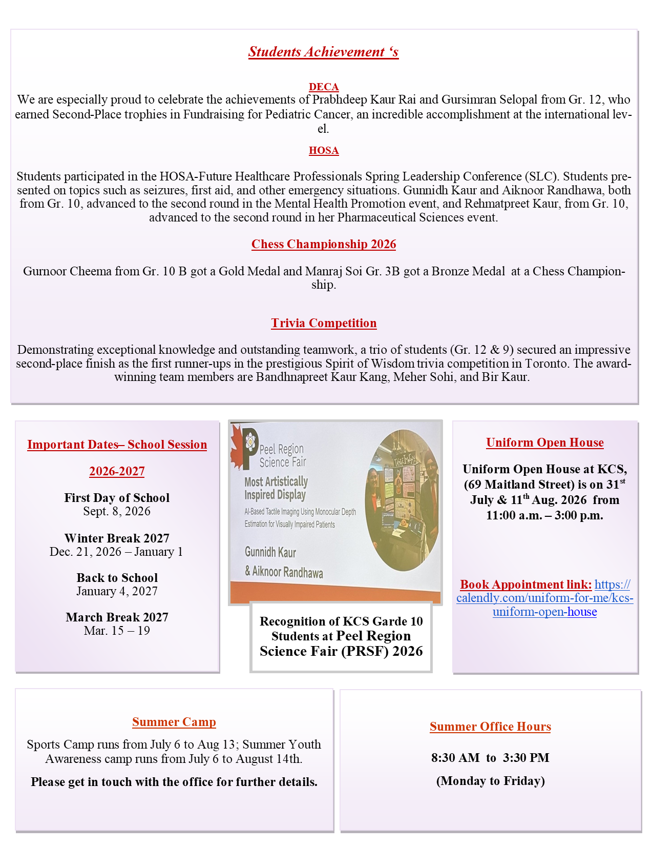 KCS newsletter, June 2026, page two: student achievements, term dates for 2026 to 2027, the uniform open house, summer camps and summer office hours